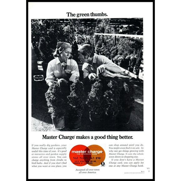 1972 Master Charge Credit Card Vintage Print Ad Green Thumbs Gardening Wall Art - Picture 1 of 1